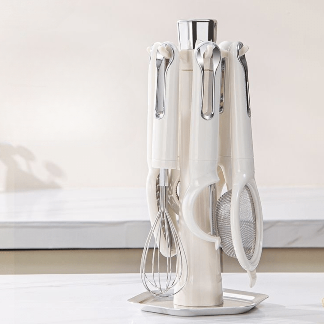 7-Piece Kitchen Utensil Set with Rotating Stand | Stainless Steel & ABS Cooking Tools | White