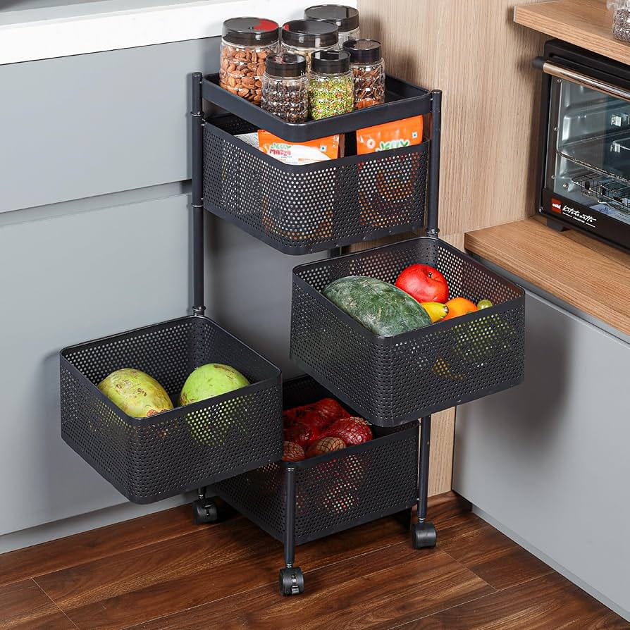 5-Tier Metal Rolling Fruit & Vegetable Storage Basket | Kitchen Organizer Trolley with Wheels | Black