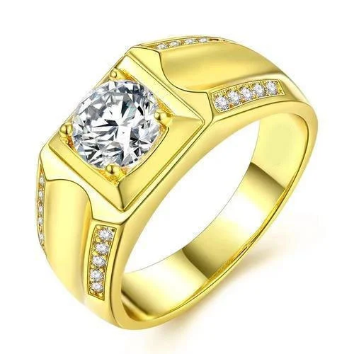 Men's Gold-Plated Geometric Signet Ring | Square Textured Fashion Finger Ring for Men & Boys