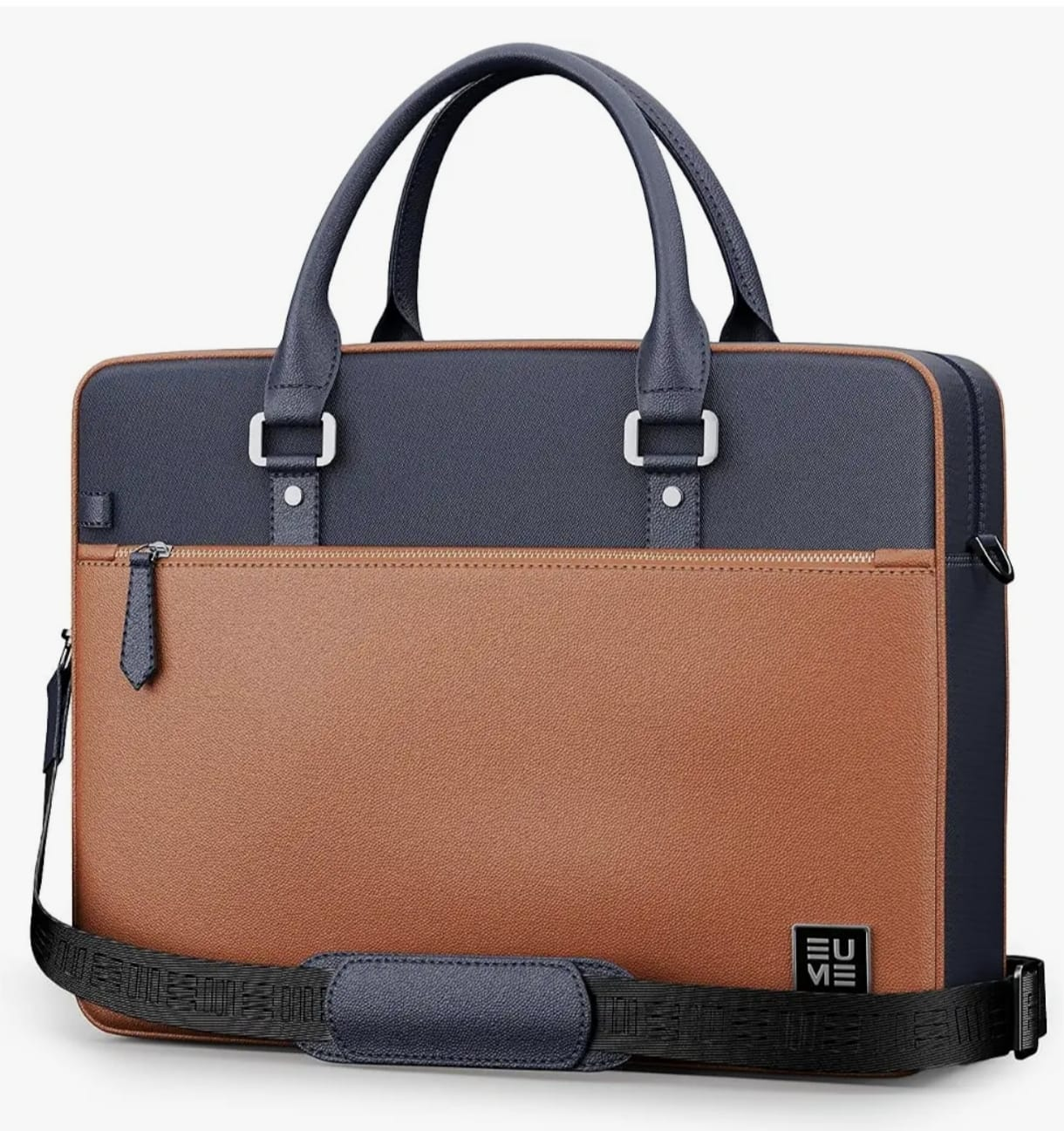 EUME Commute Messenger Laptop Bag for Men & Women | Water-Resistant Vegan Leather & Nylon Office Briefcase | Fits Up to 15.6 Inch Laptop | Navy Blue & Tan