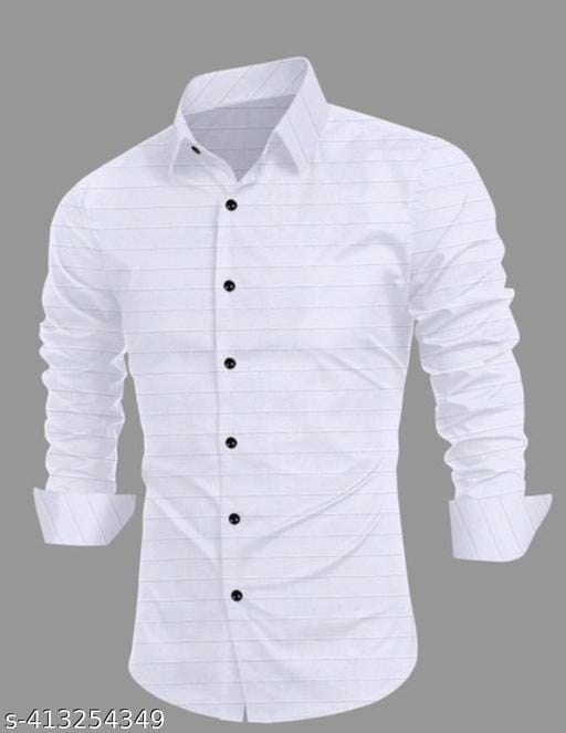 Men's White Striped Cotton Blend Casual Full Sleeve Shirt