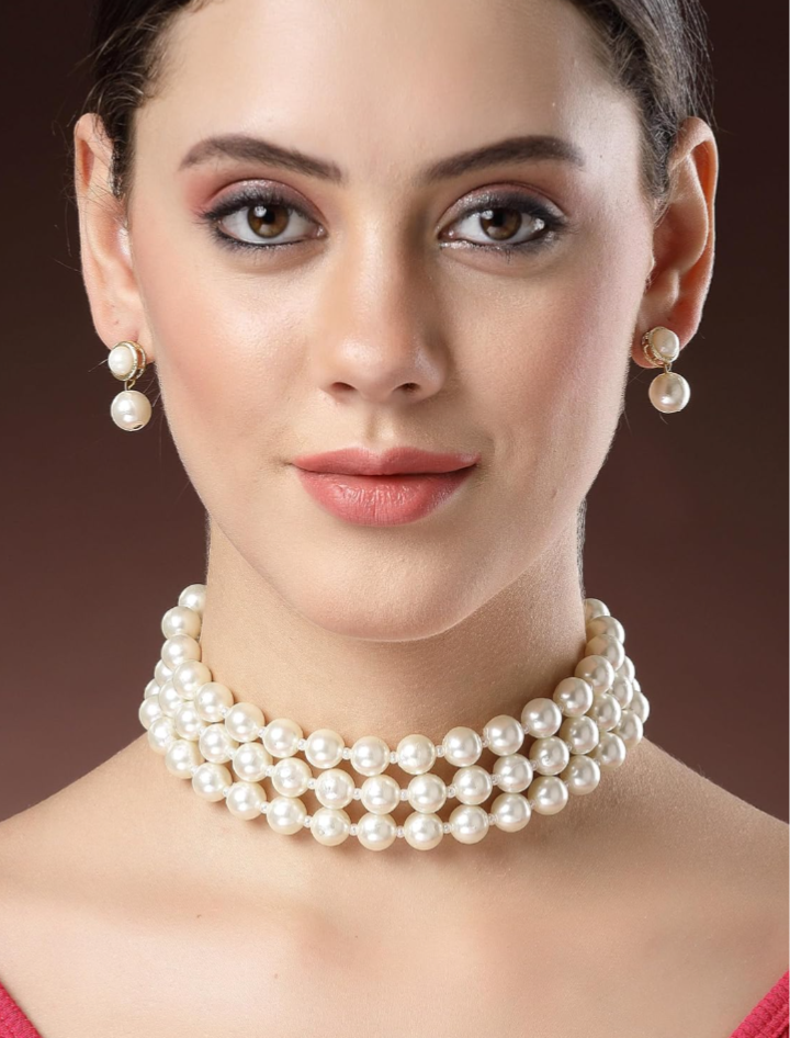 Elegent 3 Layer Pearl Choker Necklace Set For Womens