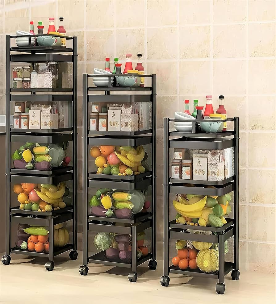4-Tier / 5-Tier Rolling Kitchen Storage Rack with Mesh Baskets & Top Shelf | Metal Fruit & Vegetable Organizer Trolley with Wheels | Multipurpose Storage Cart | Black