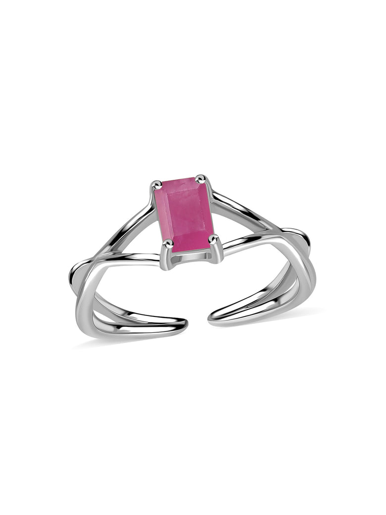 Women's Silver Plated Adjustable Pink  Rectangle Stone Ring |  Elegant Open Band  Ring for Women & Girls