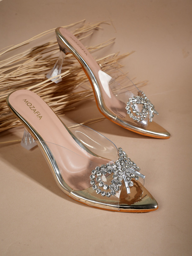 MOZAFIA Women's Transparent Rhinestone  Pointed Toe Kitten Heel Mules | Party & Wedding Heels