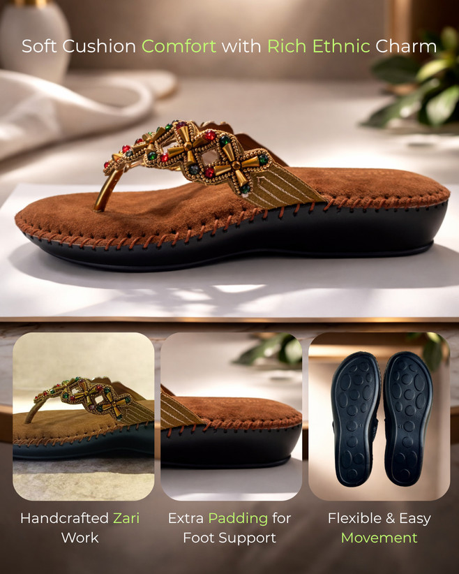 Women's Ethnic Beaded Toe Ring Comfort Flats | Handmade Casual & Festive Sandals